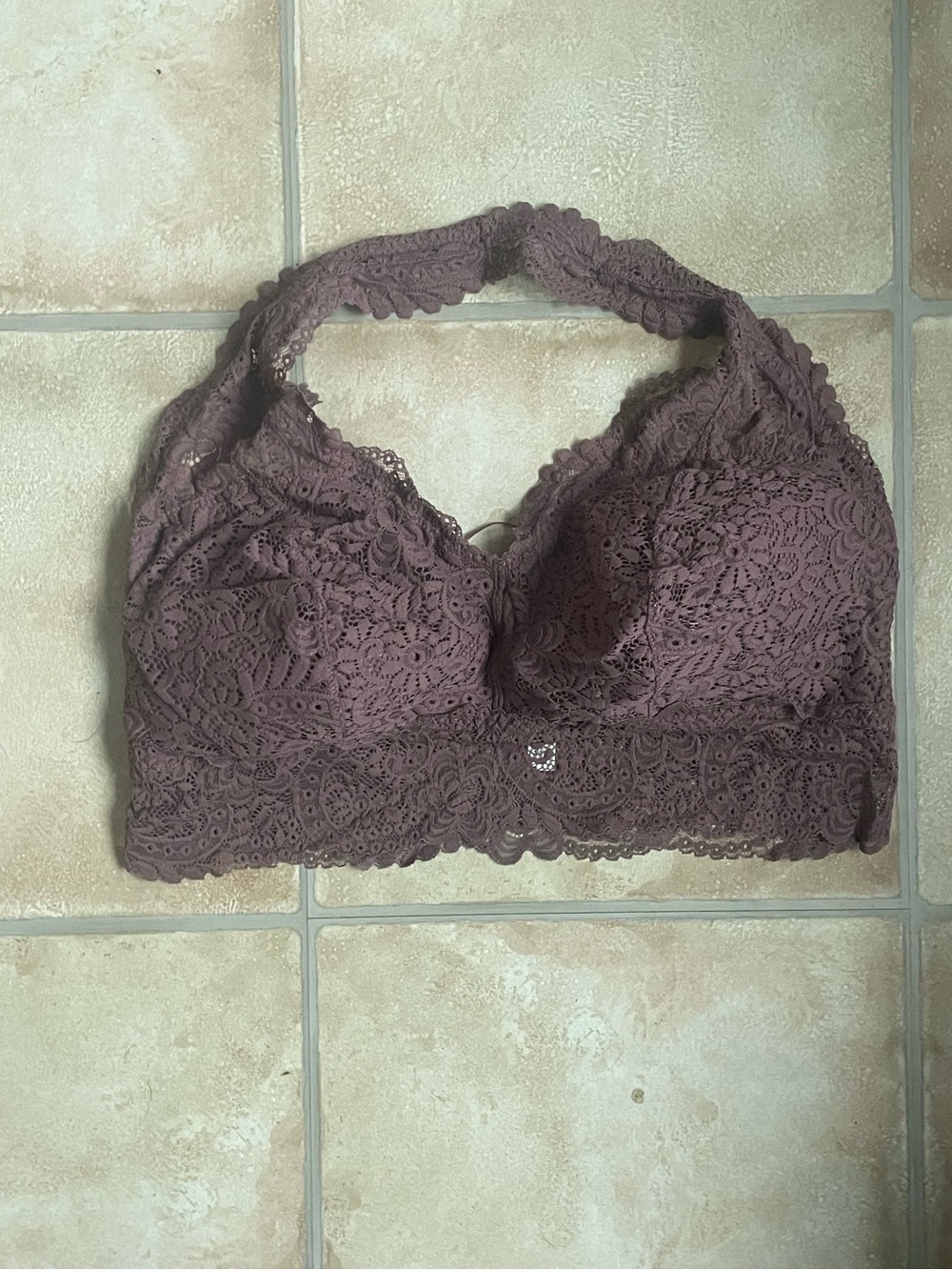 Aerie Far Out Lace Strappy Purple Halter Padded Plunge Bralette; XXL